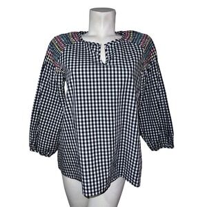 Madewell Gingham Embroidered Slit Neck Peasant Blouse Women's Size S Black White